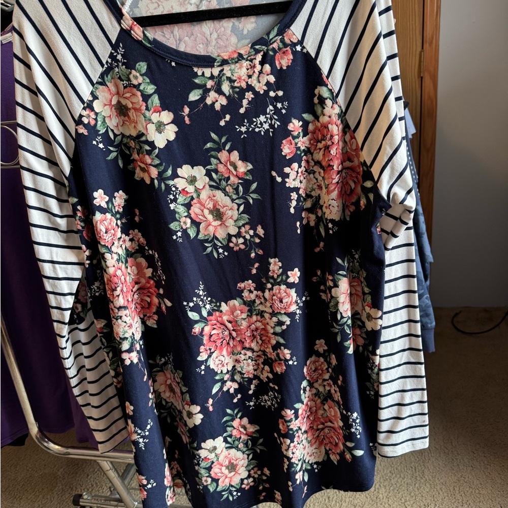 Reborn J Navy Floral and Stripe Long Sleeve Top